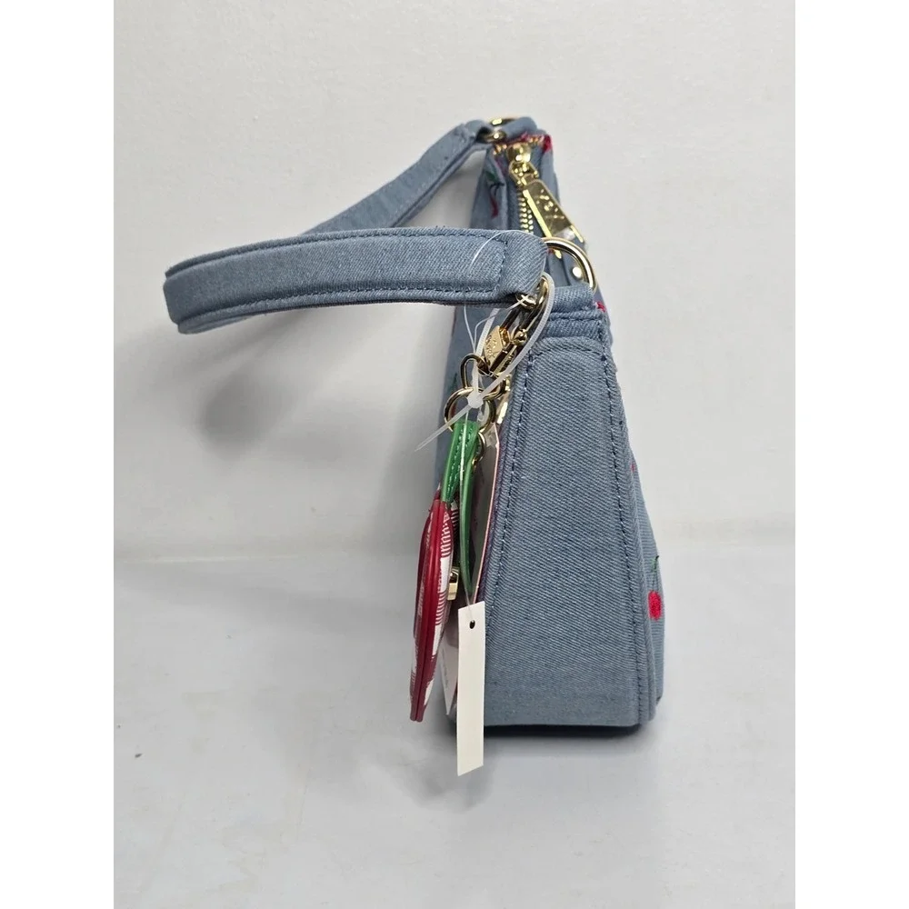 Betsey Johnson Cherry Print Crescent Hobo Bag Rock Chick Purse Denim Blue NEW